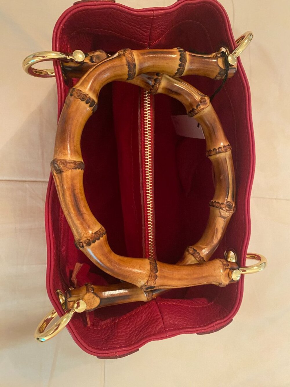NEW w/tags Uno alla Volta Red Italian Leather Handbag with Bamboo Handles